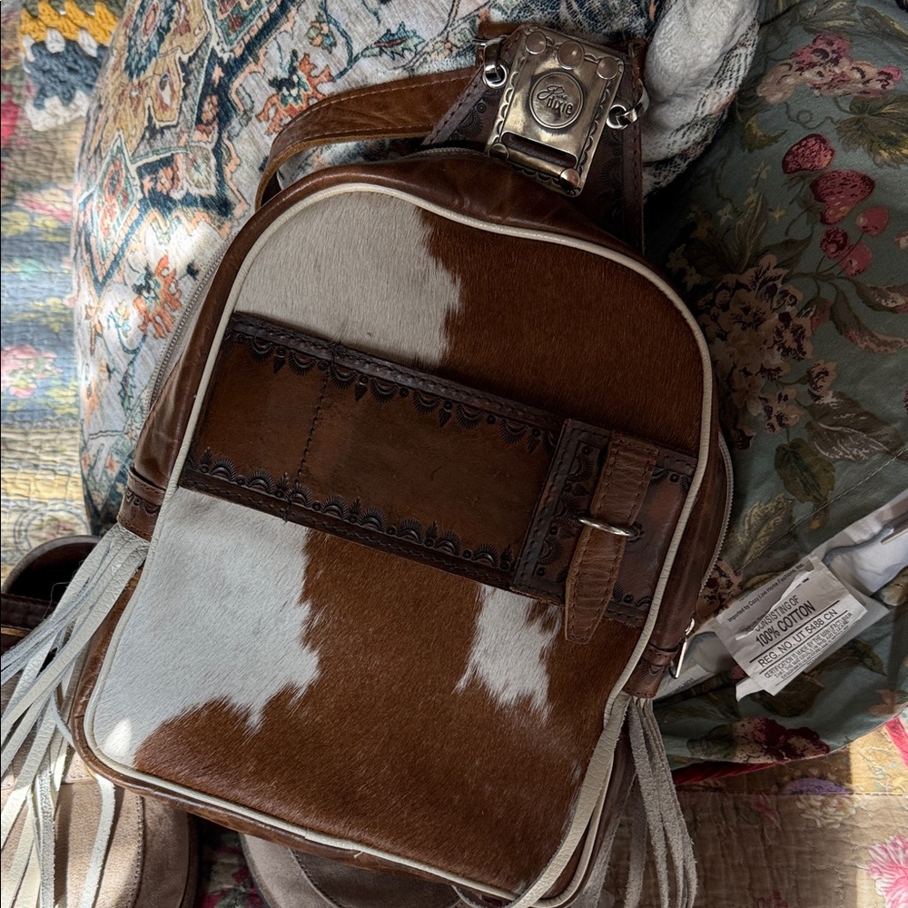 Fringed Cowhide Leather Belt Bag in Brown & White